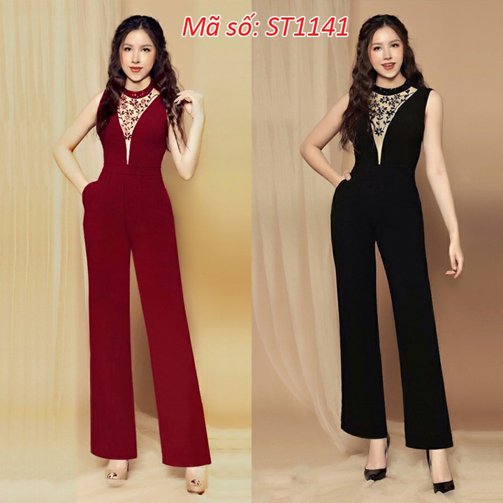 ➡️#ST1141 Jumpsuit đồ bay dài ống suông cổ yếm phối lưới đính hột xinh xắn