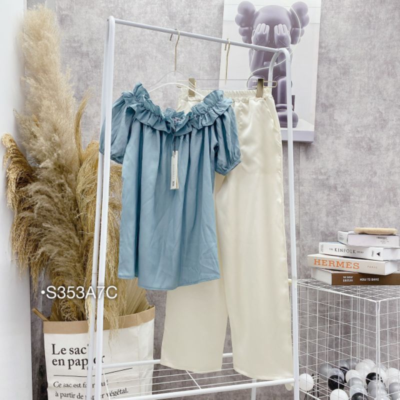 Set Bộ Dài Lụa Trễ Vai Đi Biển Bebedoll ,Sét Áo Kiểu Bẹt Vai Tay Phồng Dáng Rộng Quần Suông Phối Màu Tôn Da