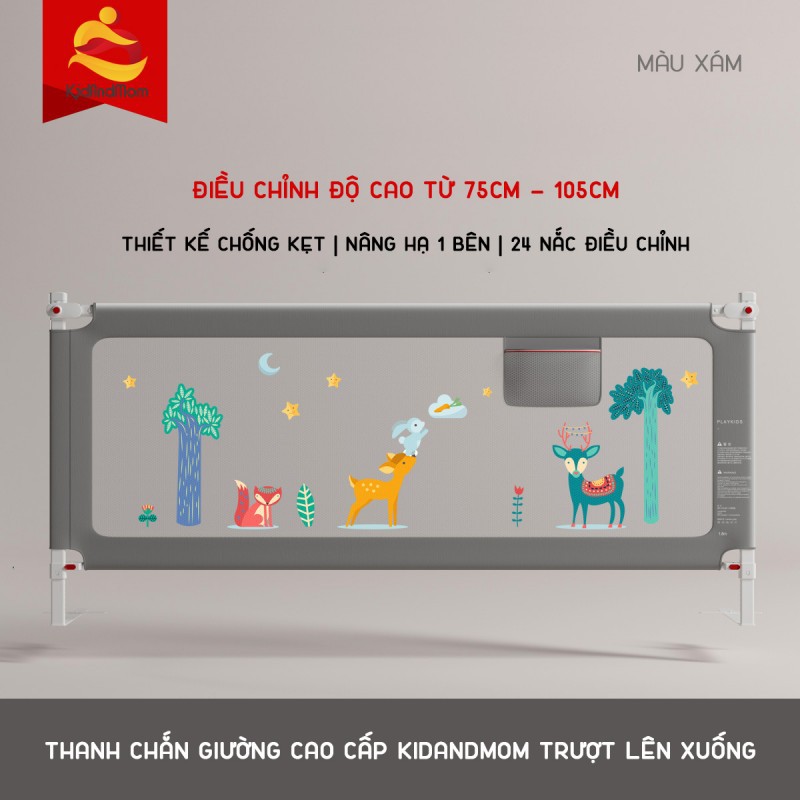 [GIAO HÀNG 2H] Thanh chắn giường cho bé cao cấp KidAndMom BR02 cao 105cm, chống kẹt, hạ 1 phía, trượt lên xuống