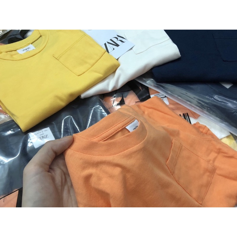 Áo cotton dài tay cổ tròn túi ngực Zara trơn basic 1-5Y