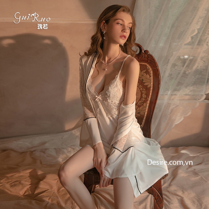 [Kèm quần] Váy ngủ lụa Đầm ngủ hai dây lụa phối ren gợi cảm sexy VN-036