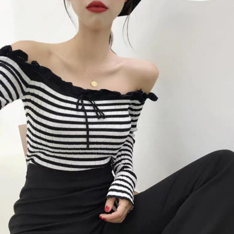 SET ÁO TRỄ VAI KẺ MIX CHÂN VÁY MIDI LEN TĂM - (Sp sẵn)