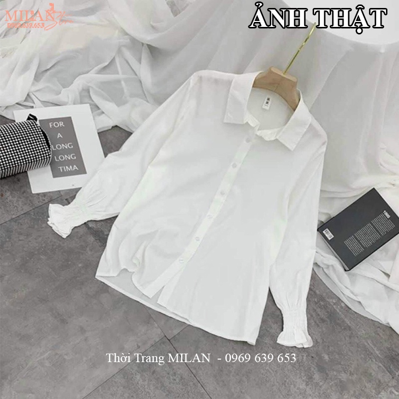 Áo sơ mi trắng nữ đi học làm công sở kiểu tay dài bo chun nhúm cổ bẻ V - Áo sơ mi nữ form rộng dài tay chất vải lụa mềm
