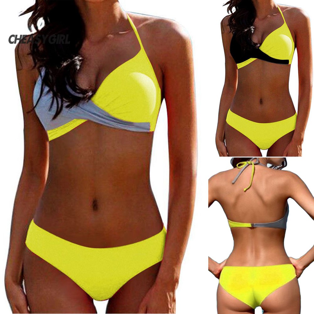 Bộ bikini 2 mảnh áo cổ treo phối màu + quần lót quyến rũ cho nữ | BigBuy360 - bigbuy360.vn