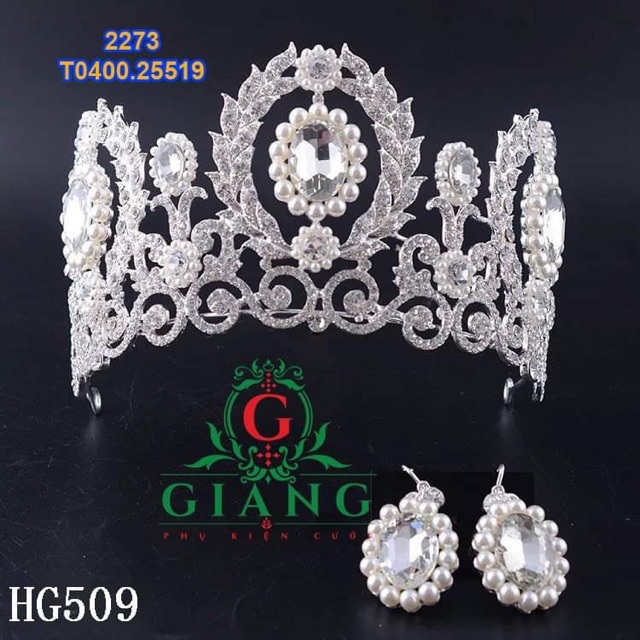 Vương miện cô dâu dáng to hạt xanh lá