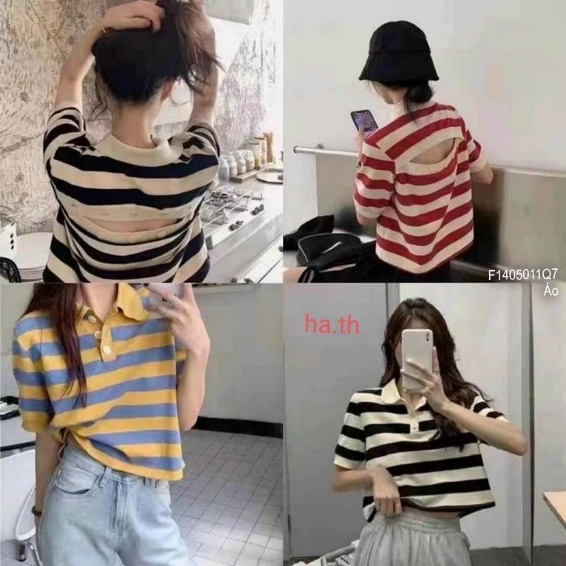 Áo len sọc ngang hở lưng gài nút hàng Quảng Châu 1405