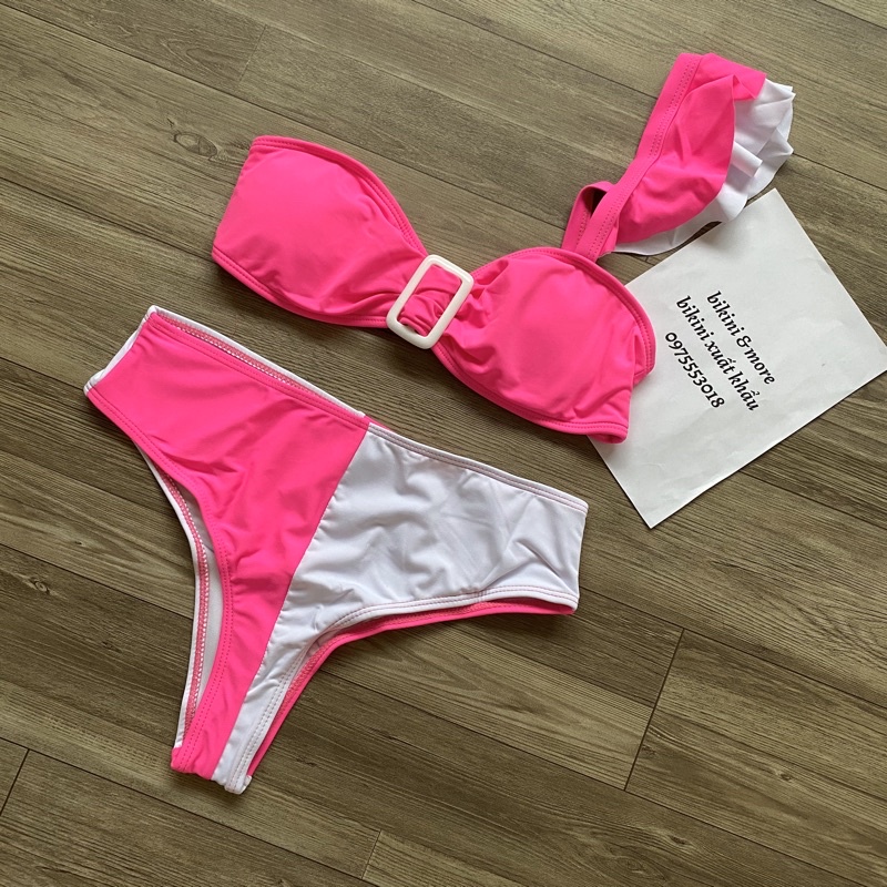 [BKN386] &lt;ÂU&gt; SET BIKINI LỆCH VAI HỒNG NEON/THỔ CẨM (CẠP CAO)