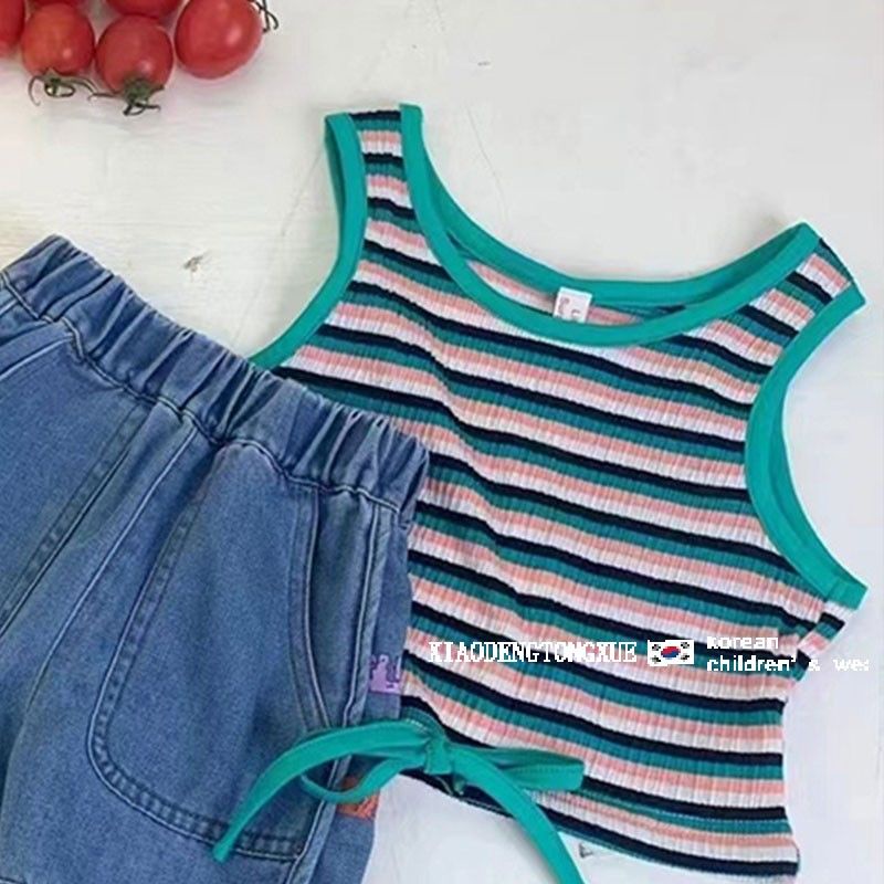 Bộ Áo Hai Dây Phối Quần Short Denim Họa Tiết Kẻ Sọc Kiểu Nhật Hàn Thời Trang Mùa Hè Cho Bé Gái 2022