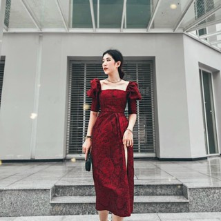 Đầm gấm body xẻ tà tay dài nevi - t99
