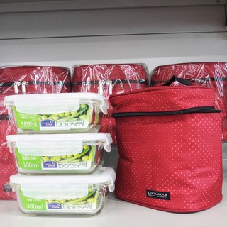 Bộ Túi Hộp Cơm Thủy Tinh Chịu Nhiệt Lock&Lock LLG422S4DR - Màu Đỏ