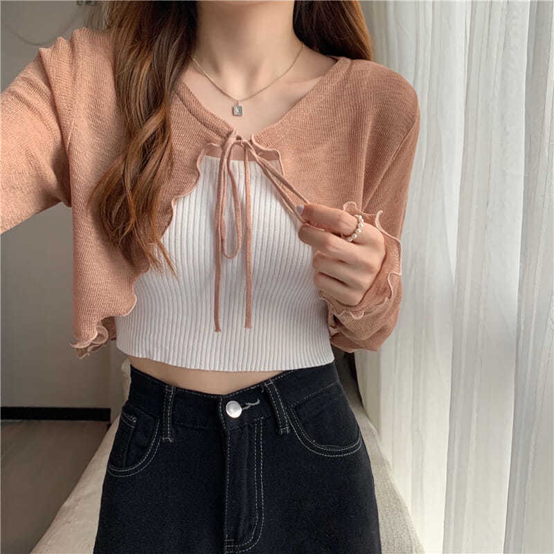 Áo Khoác Cardigan Mỏng Cột Nơ Xinh Xắn Thời Trang Pháp