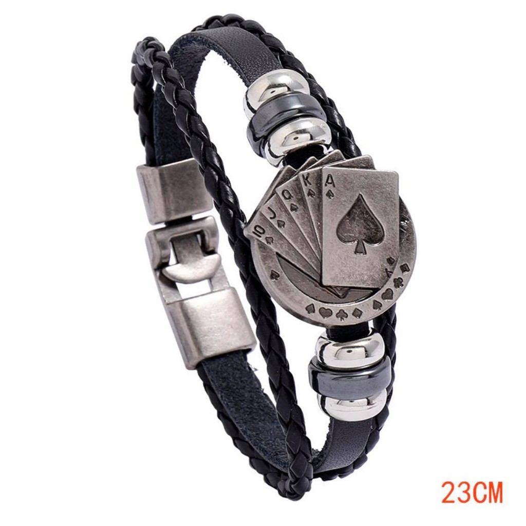 Vòng Tay Da Nhiều Sợi Bện Phối Khóa Hợp Kim hình lá bài độc đáo Phong Cách Âu Mỹ