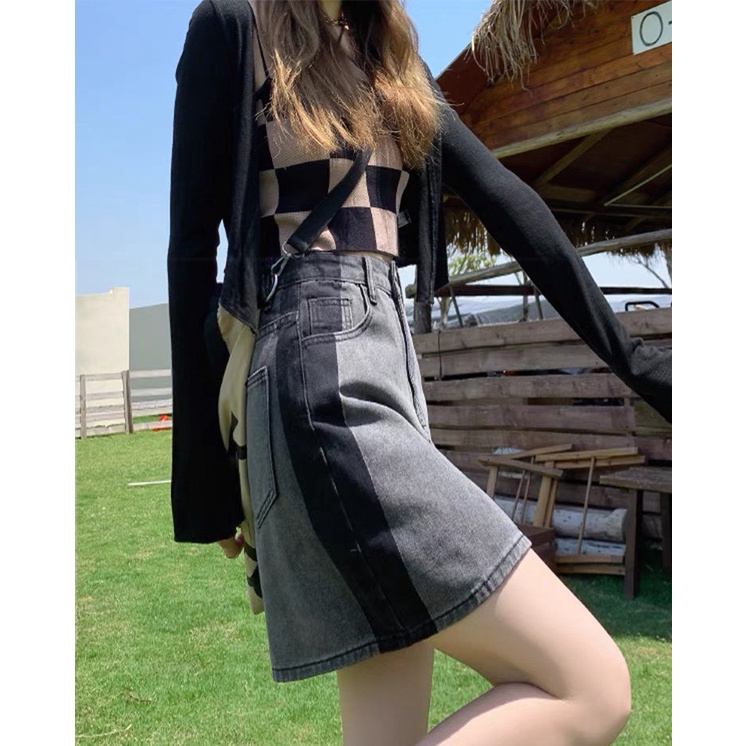 Chân váy jeans ngắn màu xám sọc cạnh dài 50cm siêu đẹp 4371 Moli Jeans