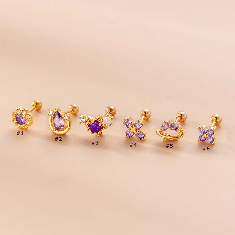 1 Khuyên Tai Dạng Thanh Tạ Thẳng 6mm Bằng Thép Không Gỉ Đính Đá Zircon Màu Tím