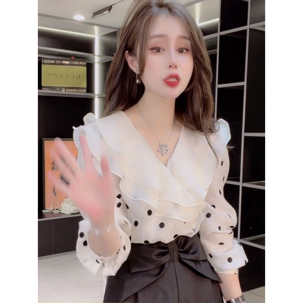 Áo Sơ Mi Chiffon Họa Tiết Chấm Bi Phong Cách Châu Âu Thời Trang Mùa Thu Cho Nữ