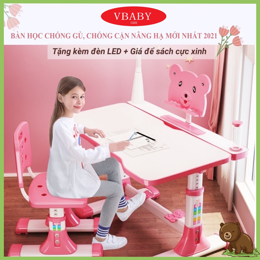 Bàn Học Sinh Chống Gù Chống Cận V-Baby, KÈM GHẾ + ĐÈN LED + GIÁ SÁCH, Bàn Học Thông Minh Bé Trai Bé Gái Nâng Cấp