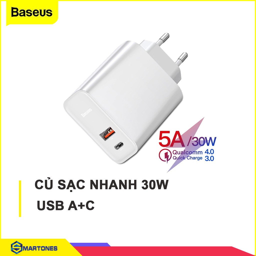 Củ sạc nhanh Baseus Speedy series CH-905 2 cổng USB và Type C 30w hỗ trợ chuẩn sạc PD, Q.C 3.0, HW