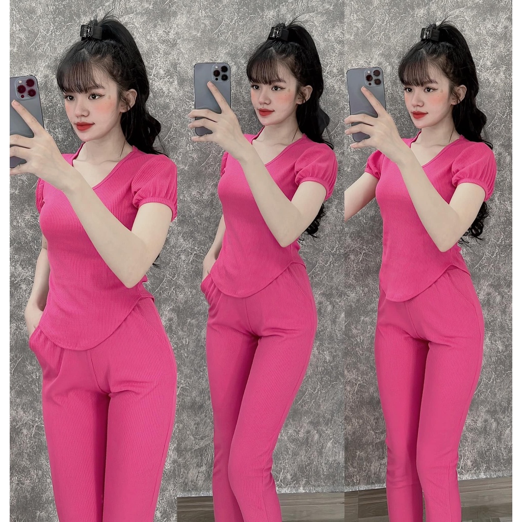 Đồ bộ nữ, set đồ bộ quần legging đai cao có túi và áo ôm ngắn tay lai bầu vải thun cotton gân borip co giản xịn