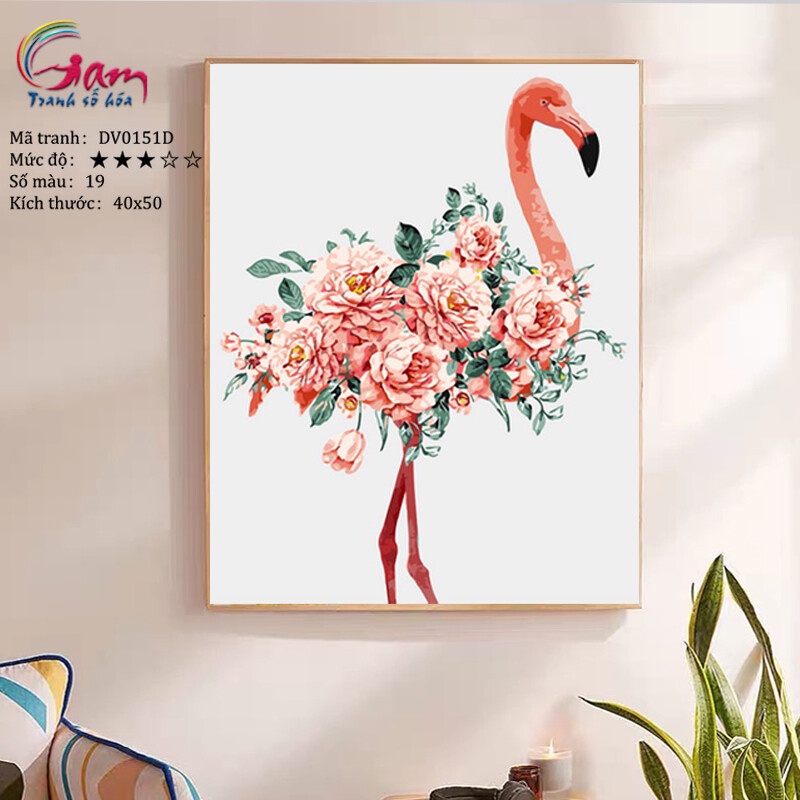 Tranh sơn dầu số hóa tự tô màu theo số treo tường Hồng hạc Flamingo khung dày 2,5cm căng sẵn khung size 40x50cm