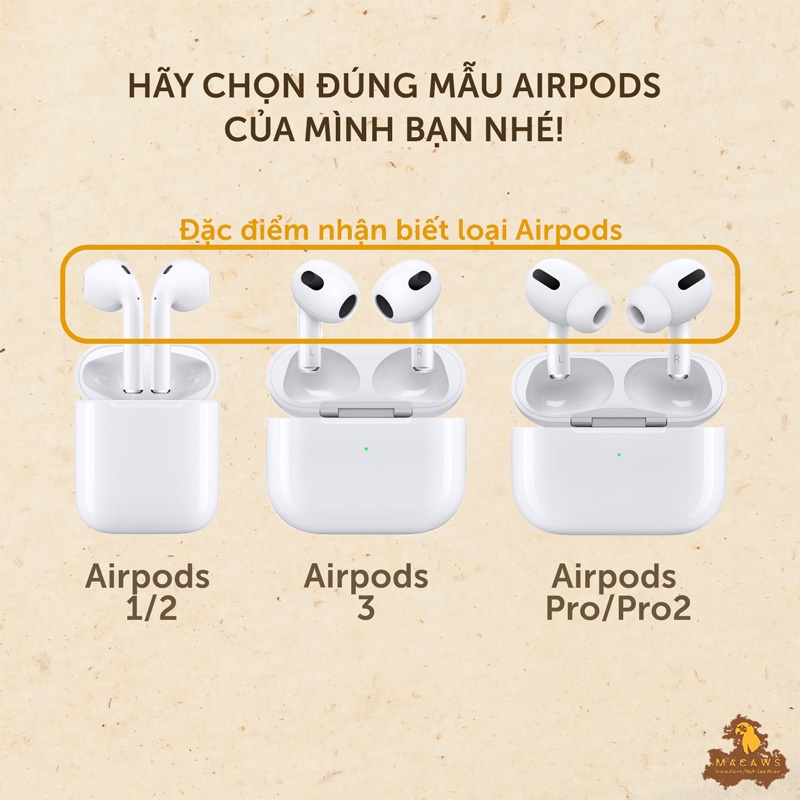 Bao da tai nghe AirPods 1, 2, 3, Pro và Pro 2 Macaws - da bò thật Buttero Ý, may tay thủ công