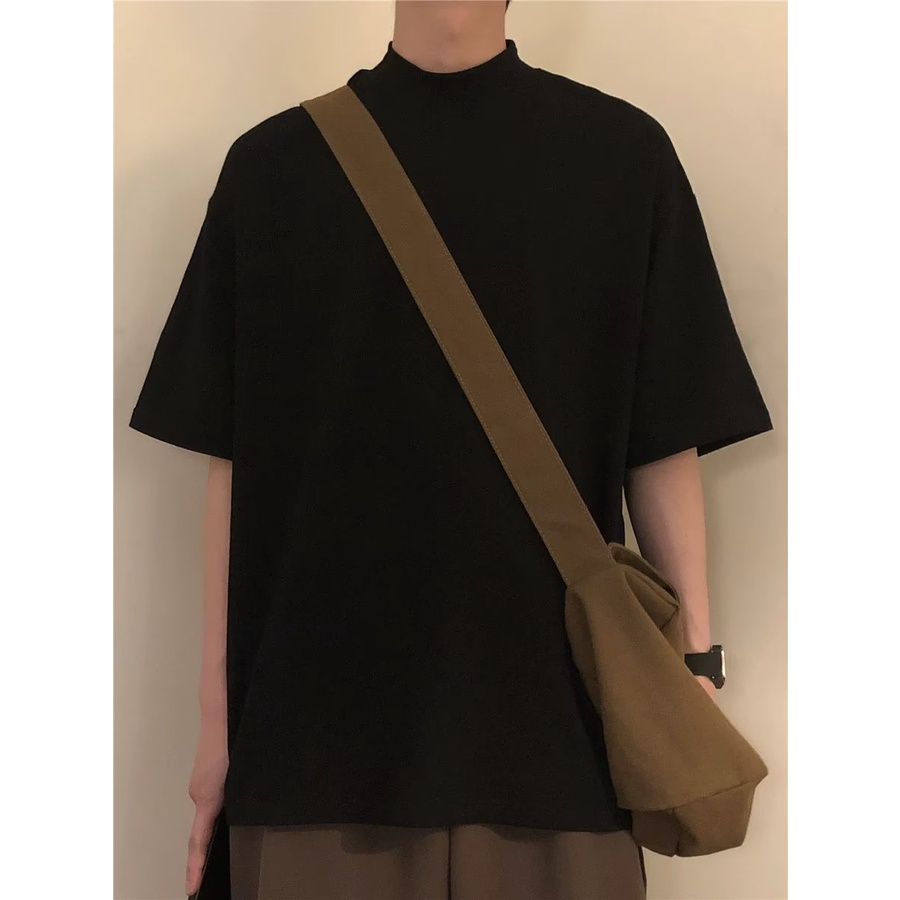 Áo len cổ lọ tay lửng dáng ôm thời trang xuân thu mới áo thun nam tay lỡ  áo phông nam đen Mùa hè mới lỏng màu đen bình thường