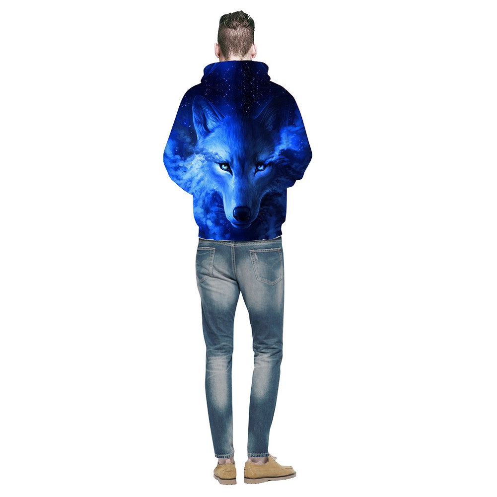 Men Women 3D Blue Wolf Digital Printing Hooded Sweatshirt