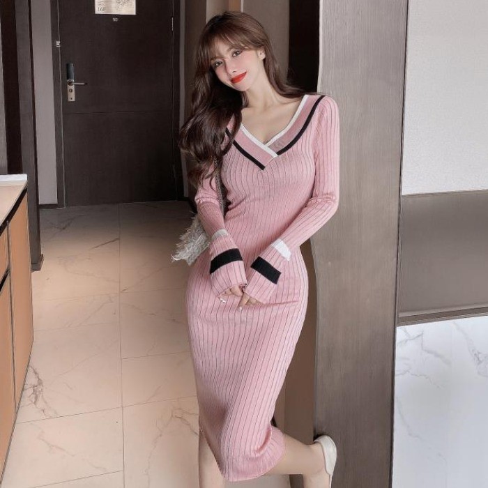 Đầm Len Tay Dài Cổ V Thời Trang Dành Cho Nữ