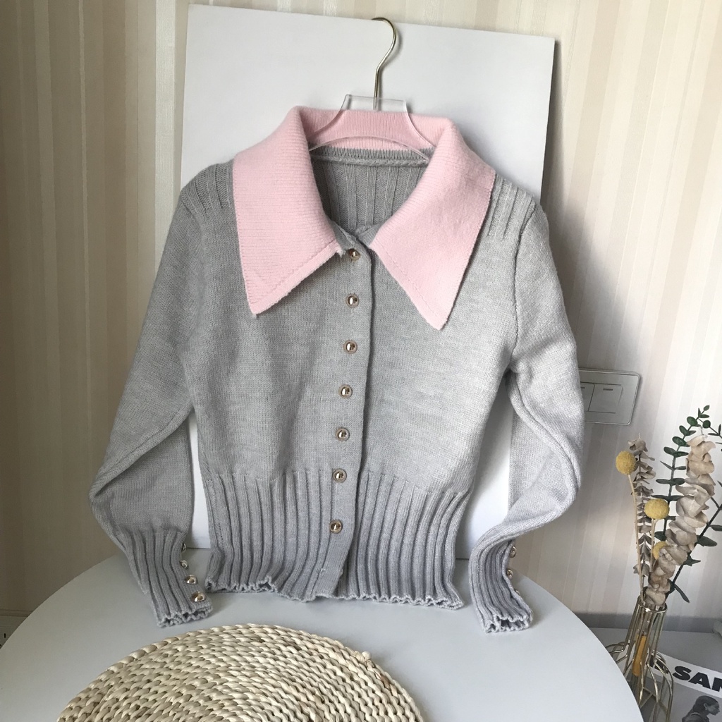 Áo Khoác Cardigan Dệt Kim Cổ Búp Bê Màu Tương Phản Thời Trang Thu Đông 2022