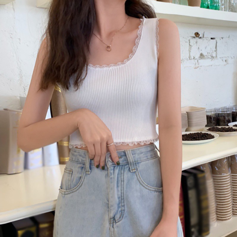 KOREAN STYLE Áo Sát Nách Dệt Kim Phối Ren Hoa Phong Cách Hàn Quốc