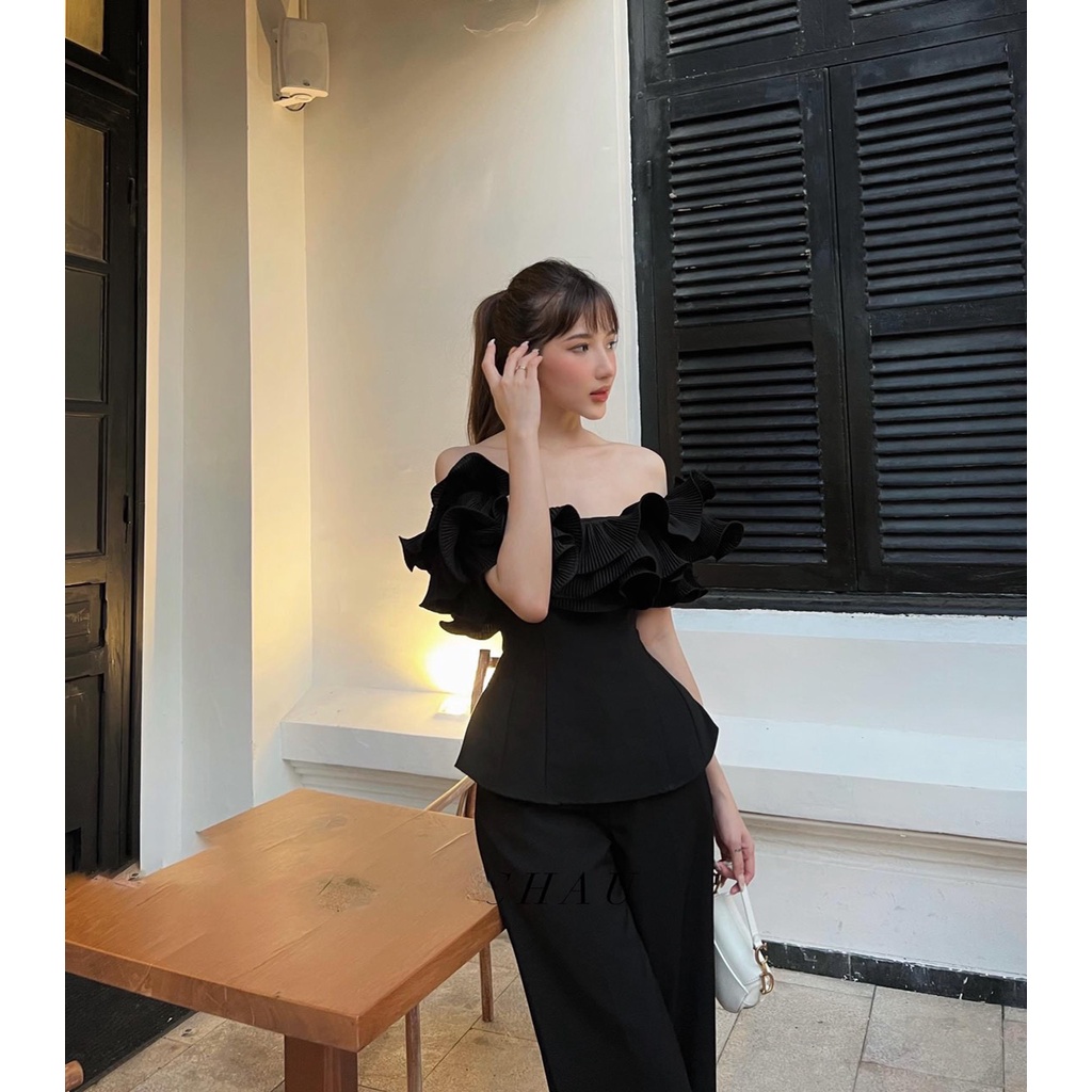 Áo peplum bẹt vai bèo dập 2 màu  KÈM ẢNH THẬT