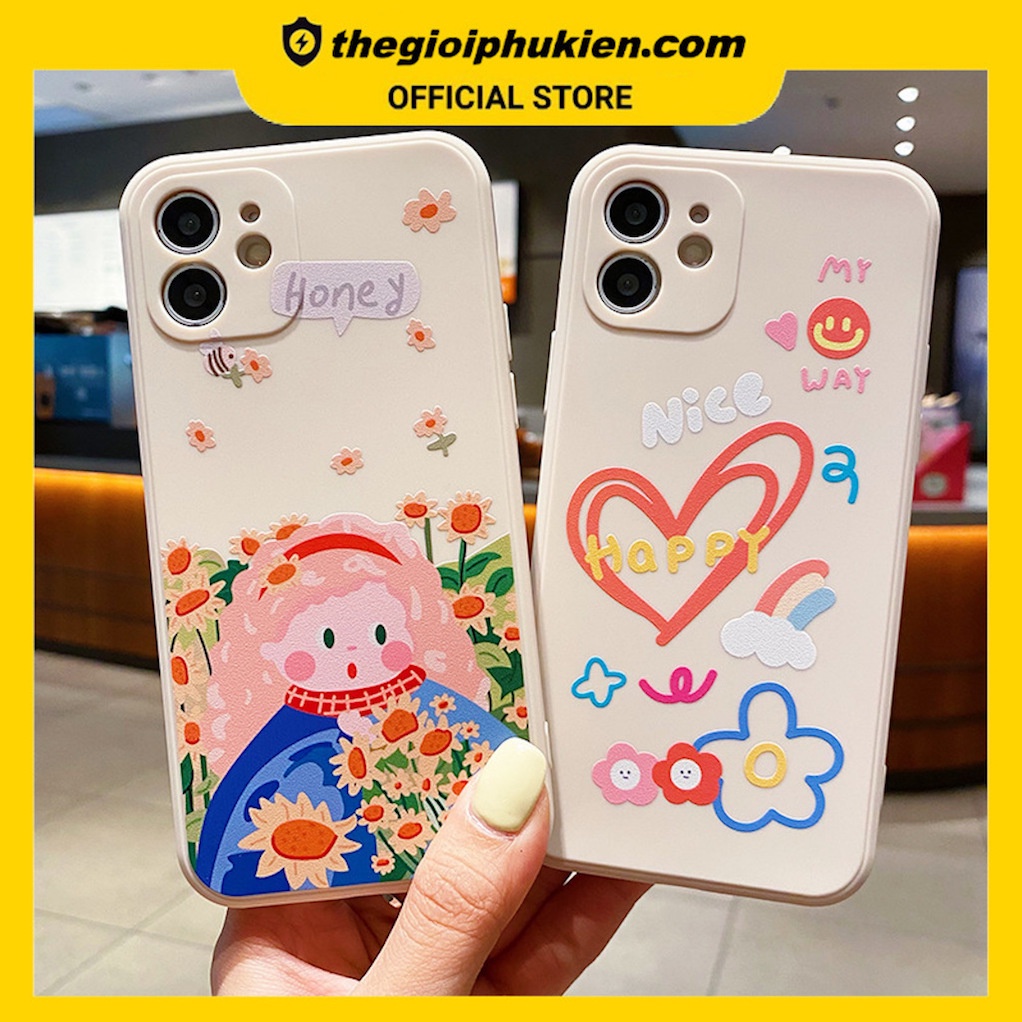 Ốp lưng iphone cạnh vuông phong cách sơn dầu hoa mùa xuân dành cho iphone 6 đến 14promax - E76