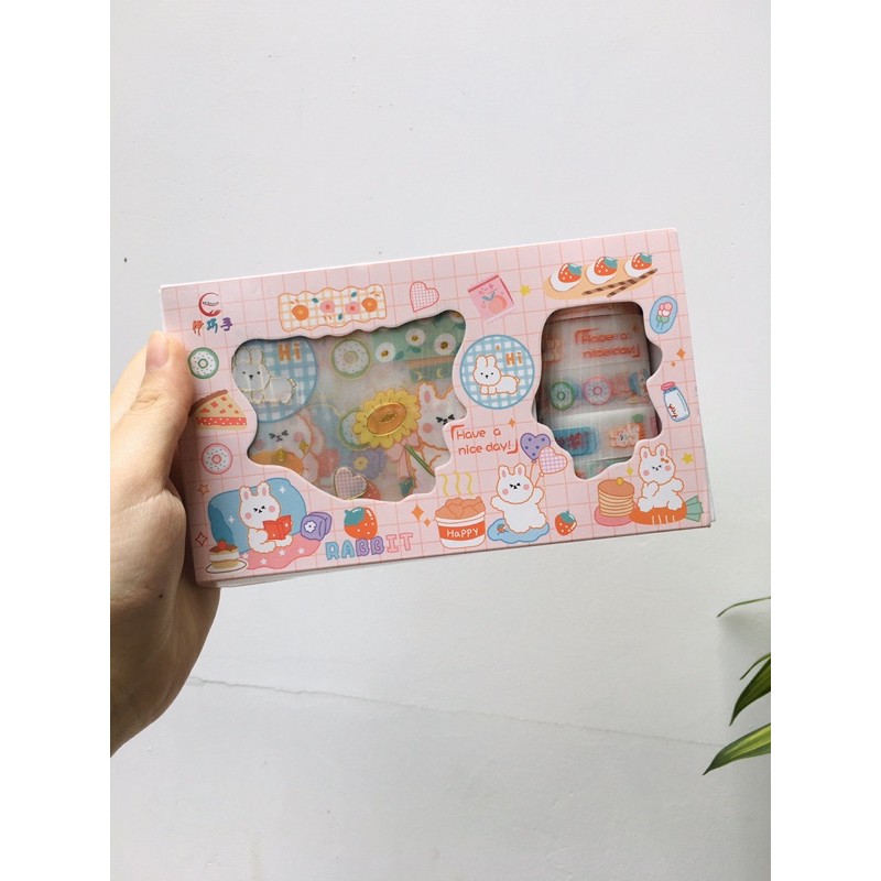 Box ứahi tape kèm sticker nhiều mẫu xinh xắn, sticker gấu, washi lấp lánh