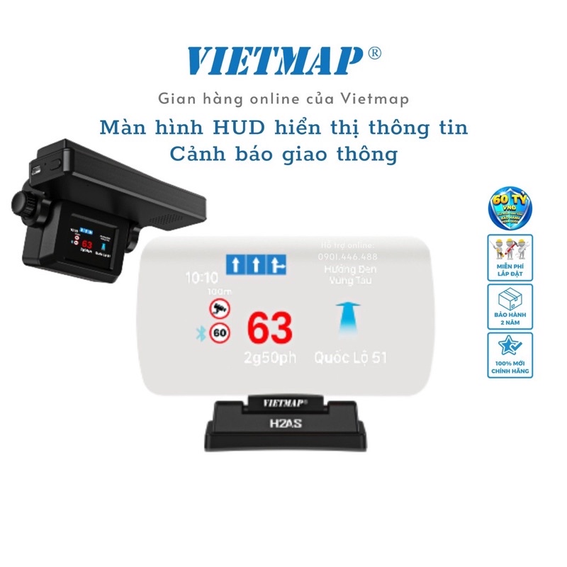 Vietmap H2AS - Màn hình HUD Cảnh báo giao thông dẫn đường Vietmap Live - Hàng chính hãng | Đại Việt Auto