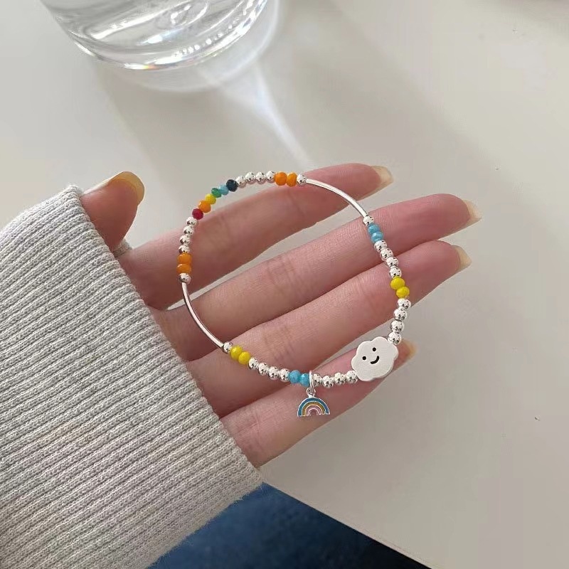 Vòng Tay Chuỗi Hạt Màu Cầu Vồng Mặt Gấu Cười Trái Tim Kiểu