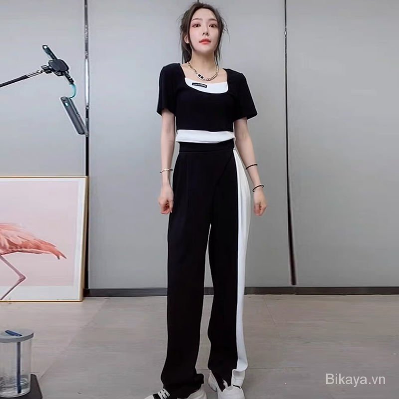 Summer Suit Female Fake Two-Piece Patchwork Short Sleeve Top+Black and White Patchwork Casual Wide-Leg Pants Fashion Two-Piece Suit