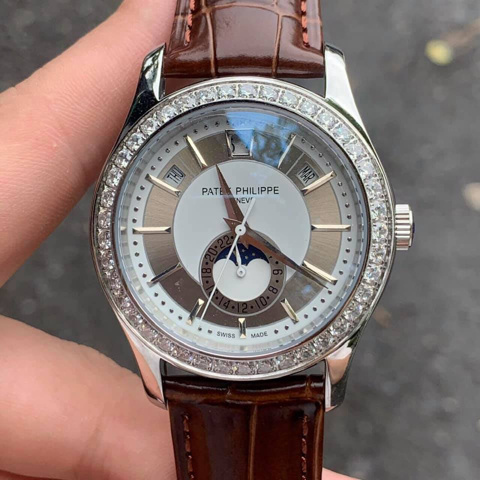 Đồng hồ Nam Ptek vành đá trăng sao máy nhật chạy cơ Automatic có thứ ngày tháng vỏ trắng dây da