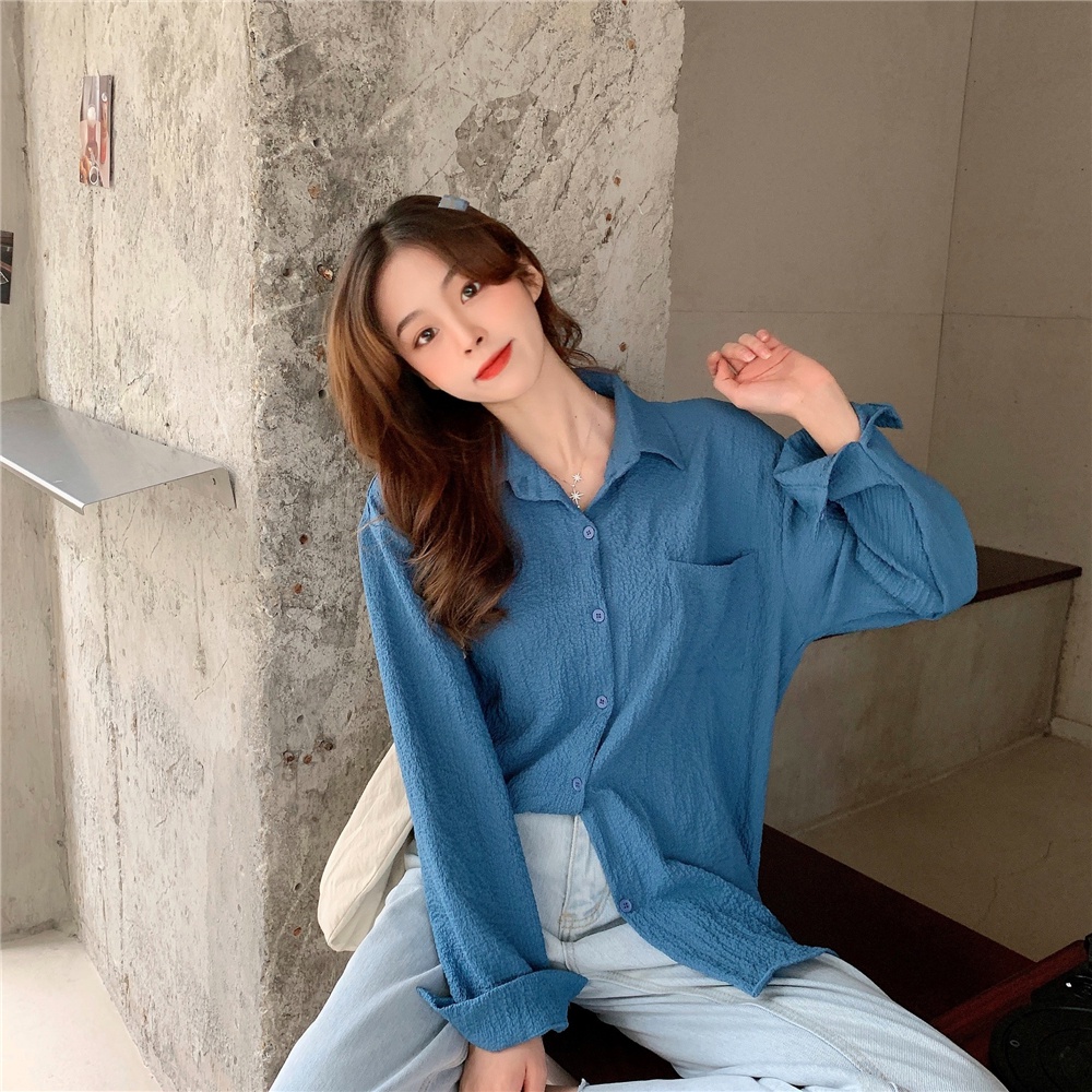 SUXI Áo Sơ Mi Tay Dài Dáng Rộng Màu Sắc Đơn Giản Dễ Phối Đồ