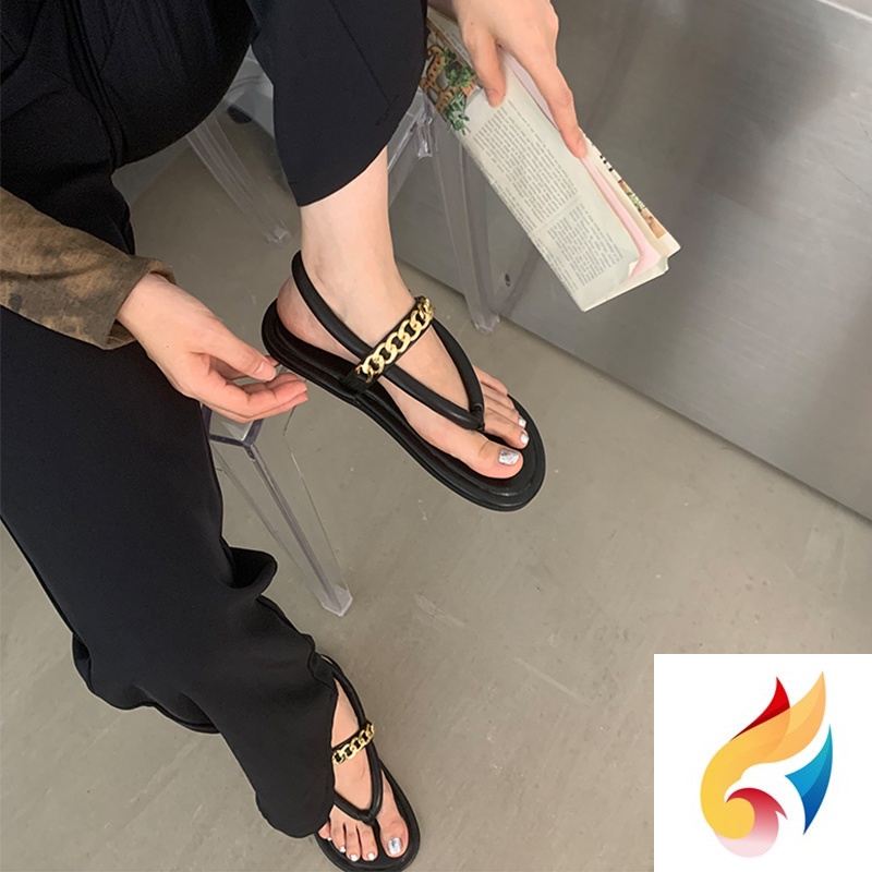 Giày Sandal Xỏ Ngón Đế Bằng Phối Dây Xích Thời Trang Hàn Quốc Cho Nữ
