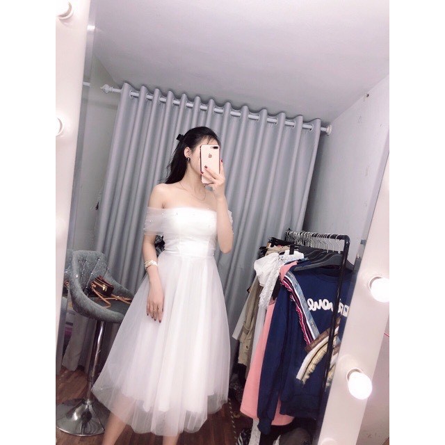 Đầm trắng công chúa dự tiệc trễ vai dáng xòe phối lưới xinh đẹp sang trọng dễ thương XUKA DRESS(kèm hình thật)