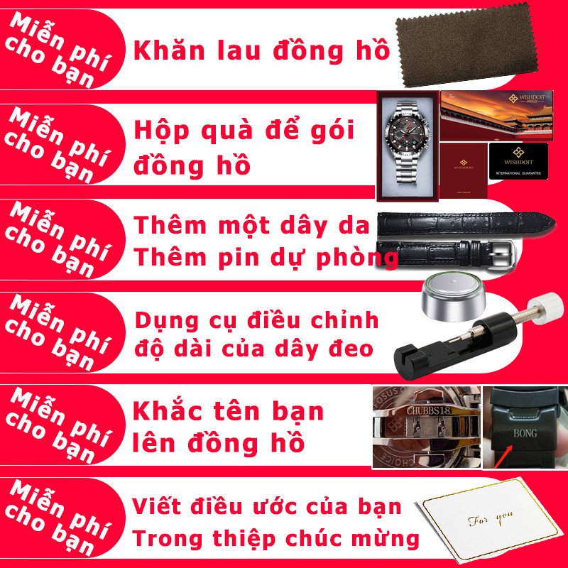 Đồng hồ đeo tay nam WISHDOIT dạ quang máy thạch anh dây da chống nước ba mặt đồng hồ đa năng phong cách thể thao