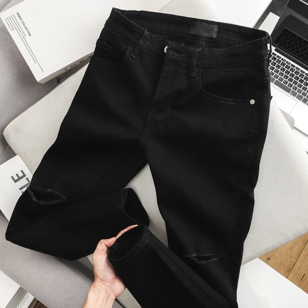 Quần jean nam đen rách gối chất bò cao cấp co dãn 4 chiều cực đẹp, quần rin nam màu đen trơn không rách đẹp Annhien01 | BigBuy360 - bigbuy360.vn