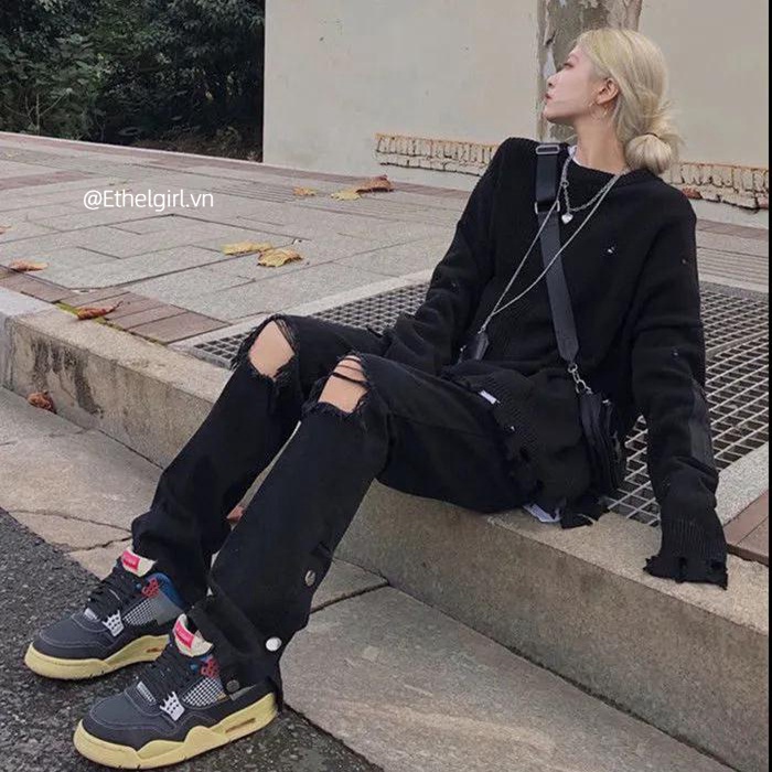 Ethelgirl Quần Jean Dài Lưng Cao Ống Suông Xẻ Tà Thời Trang Vintage Đường Phố Mỹ Dành Cho Nữ | BigBuy360 - bigbuy360.vn