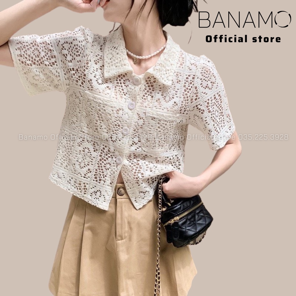 Áo sơ mi nữ cộc tay phối ren họa tiết rỗng kiểu pháp thời trang Banamo Fashion sơ mi phối ren 392