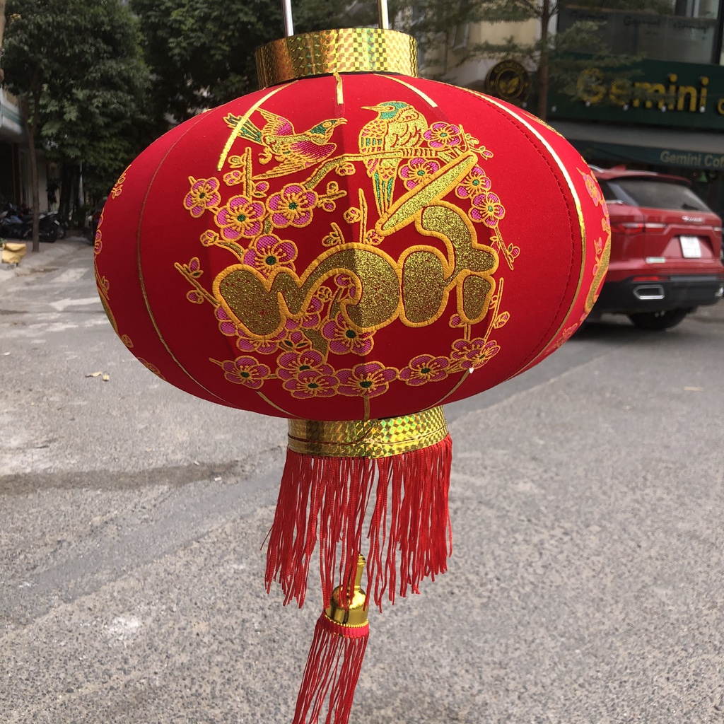 Đèn lồng nhung đỏ hoa mai đào đường kính 40cm, 60cm Chúc Mừng Năm Mới trang trí Tết
