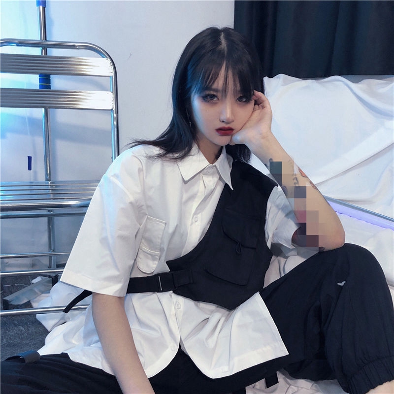 Áo sơ mi trắng tay ngắn/ Áo khoác ngoài màu đen thiết kế cá tính cho nữ | BigBuy360 - bigbuy360.vn