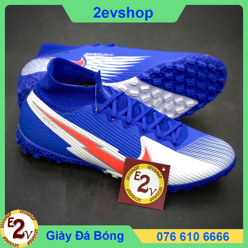 Giày Đá Bóng 𝗧𝗙 𝗡𝗶𝗸𝗲 𝗠𝗲𝗿𝗰𝘂𝗿𝗶𝗮𝗹 𝗩𝗜𝗜 Xanh Biển Trắng Cao Cổ Đã Khâu