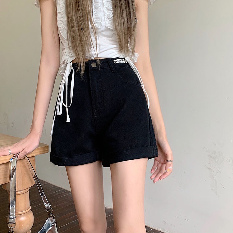 Jiashucheng Quần Short Denim Lưng Cao Ống Rộng Màu Xanh Lá Thời Trang Mùa Hè 2023 Phong Cách Mới Cho Nữ