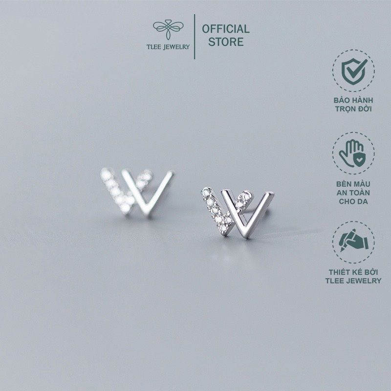 Khuyên tai bạc TLEE chữ W kép nạm đá nửa cao cấp TleeJewelry B0176