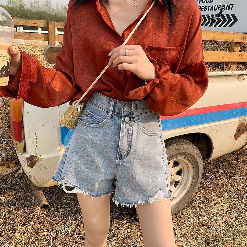 Quần short nữ denim rách ống rộng cạp cao chữ A màu xanh lam vintage Phong cách hàn quốc