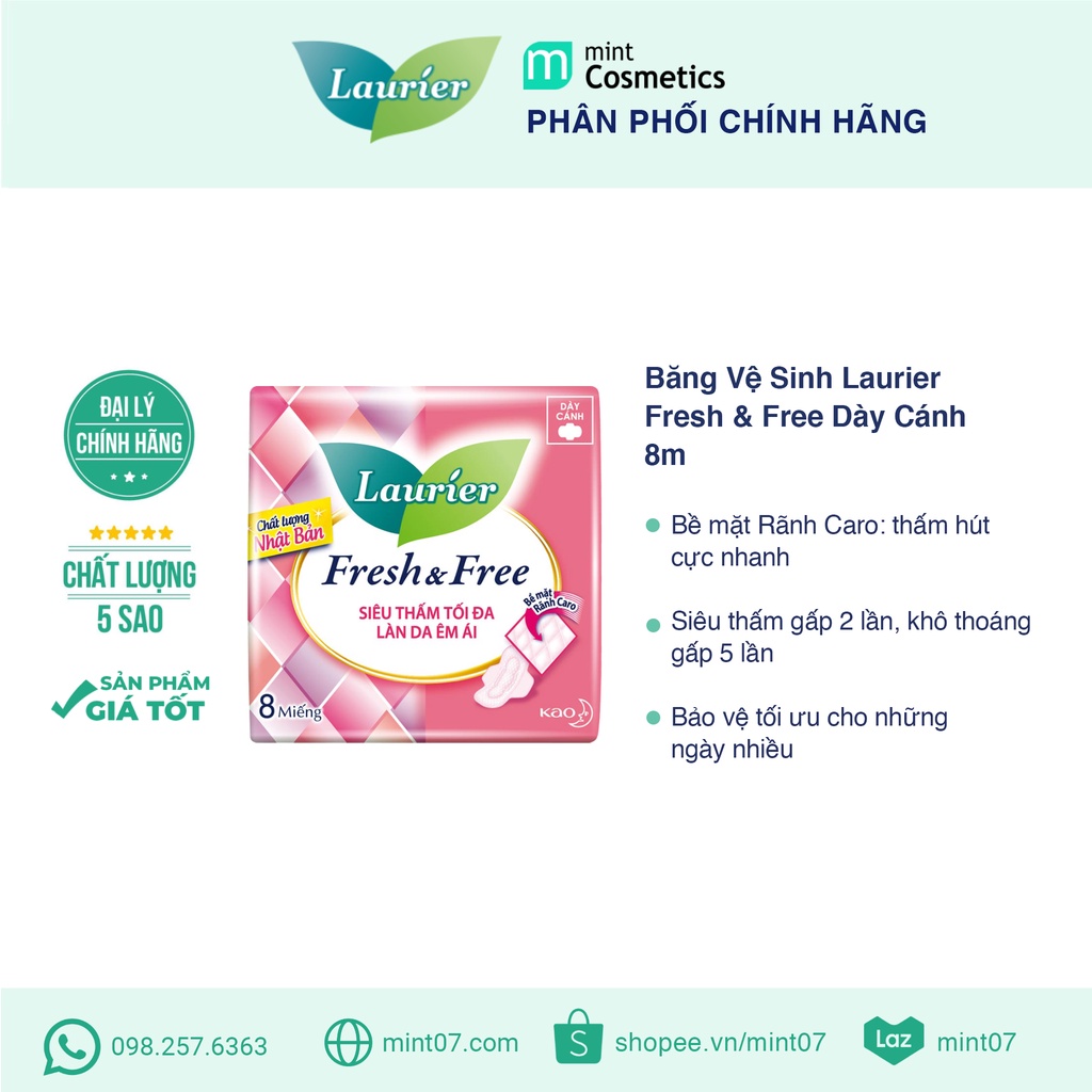 Băng Vệ Sinh Laurier Fresh &amp; Free Dày Cánh 8 miếng (màu hồng)